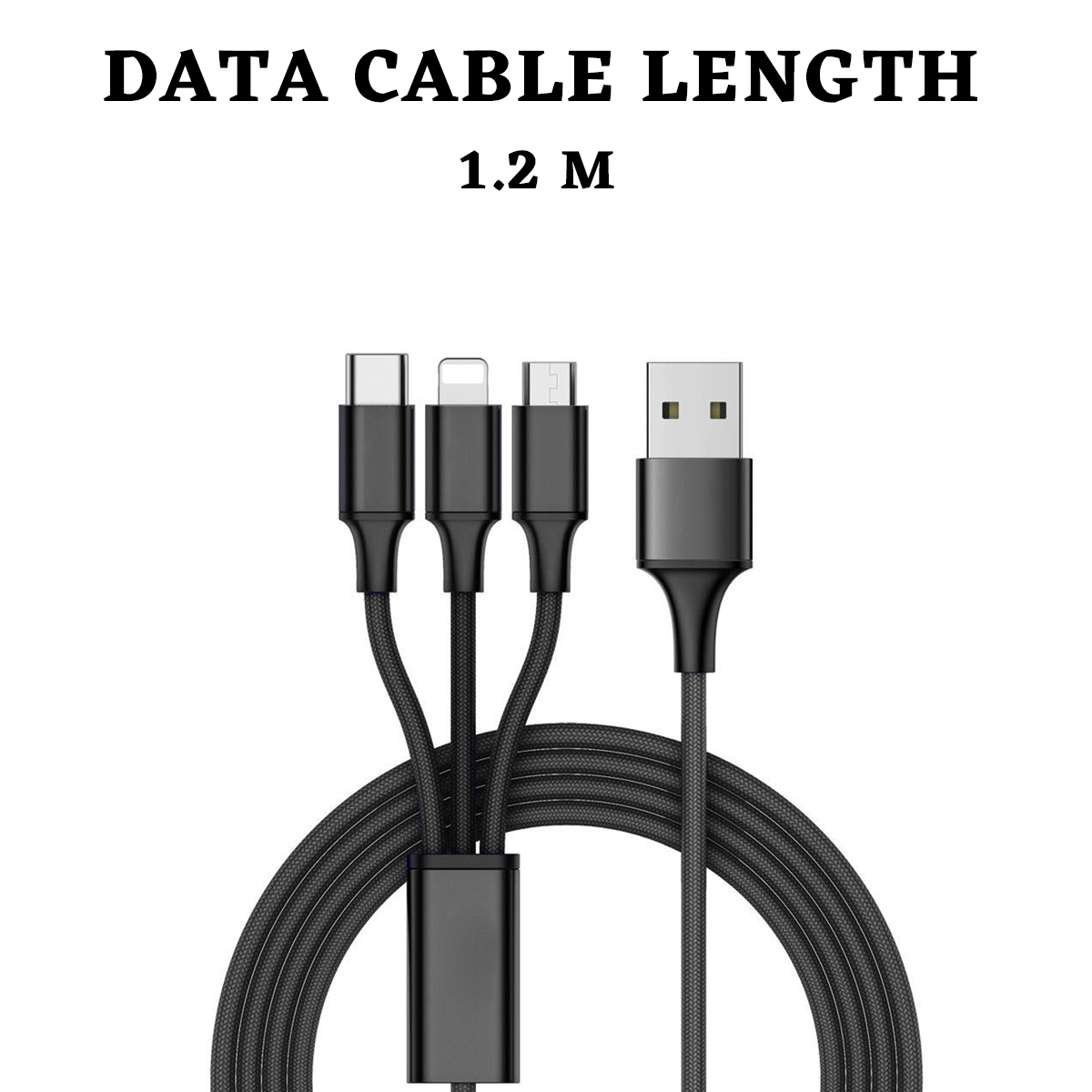 Schwarzes Datenkabel mit mehreren Anschlüssen auf weißem Hintergrund. Der Text oben lautet: 'DATA CABLE LENGTH 1.2 M'.