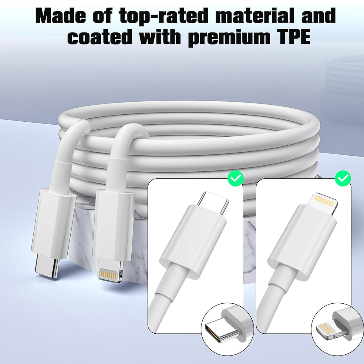 Weiße Ladekabel mit verschiedenen Steckertypen. Nahaufnahmen zeigen Details. Der Text oben lautet: Hergestellt aus erstklassigem Material.