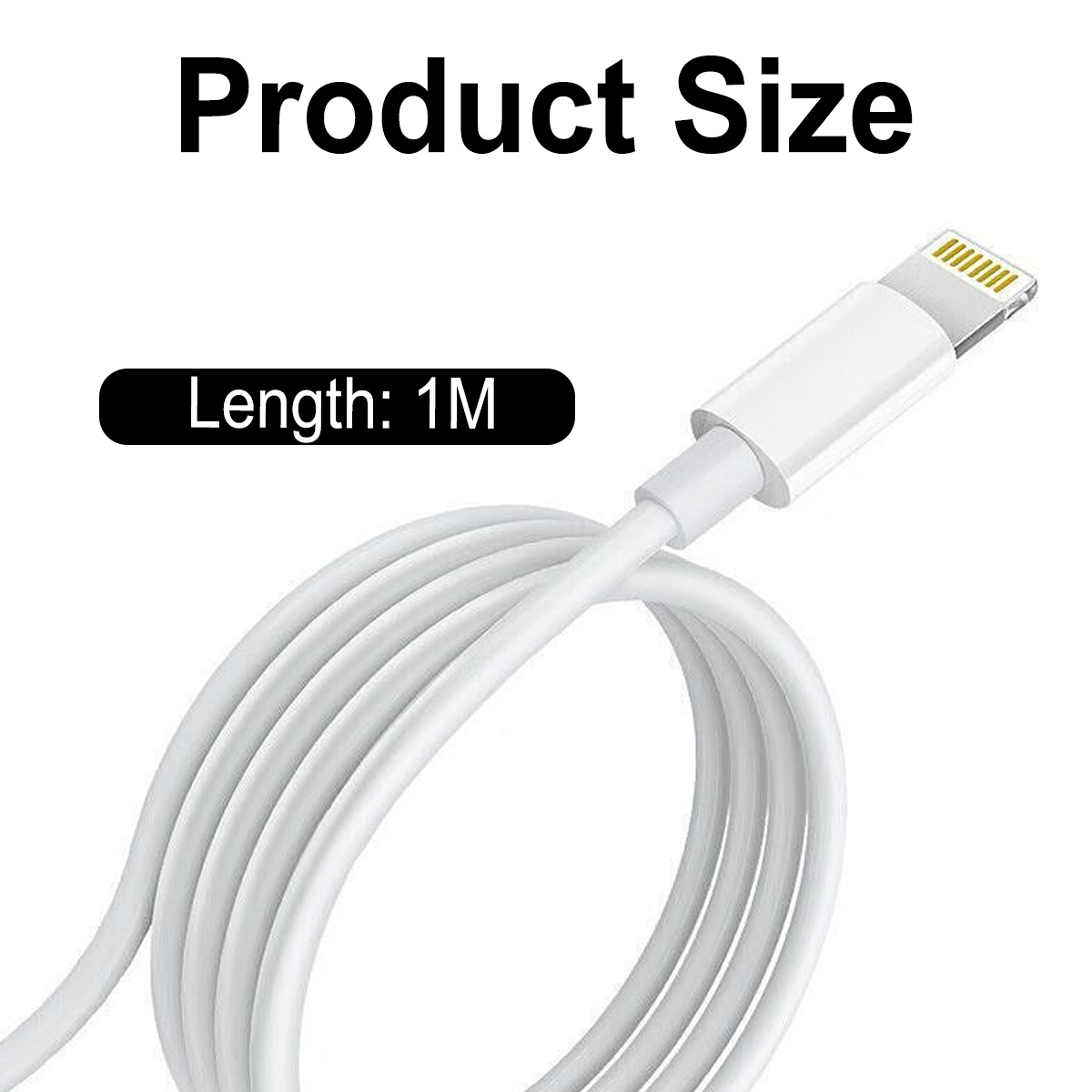 Ein weißes Ladekabel mit Lightning-Anschluss wird auf weißem Hintergrund dargestellt. Der Text oben lautet 'Produktgröße'.