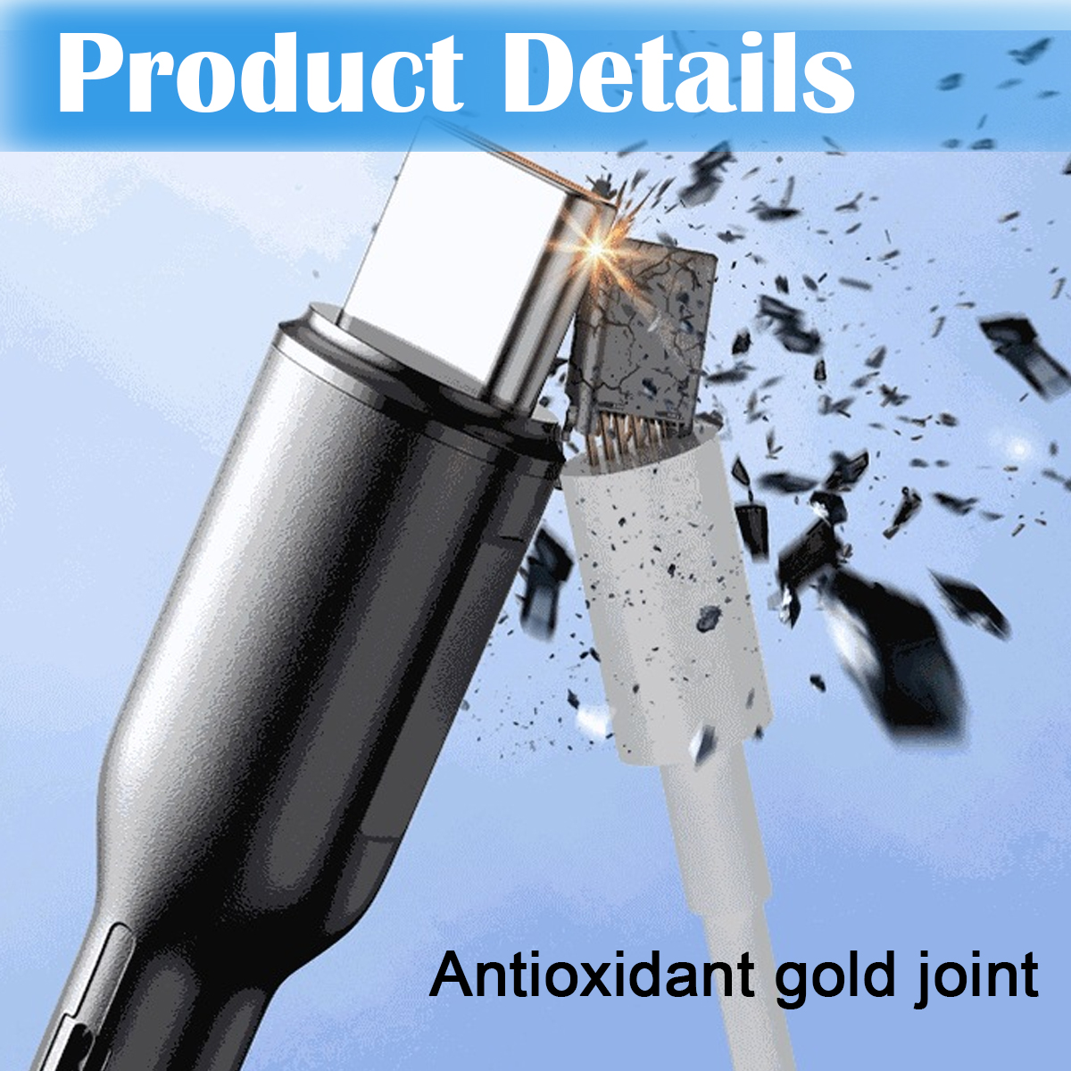 Das Bild zeigt ein USB-C-Kabel mit dem Text „Produktdetails“ und „Antioxidans-Goldverbindung“. Das Kabel ist schwarz und weiß, mit einer Goldverbindung.