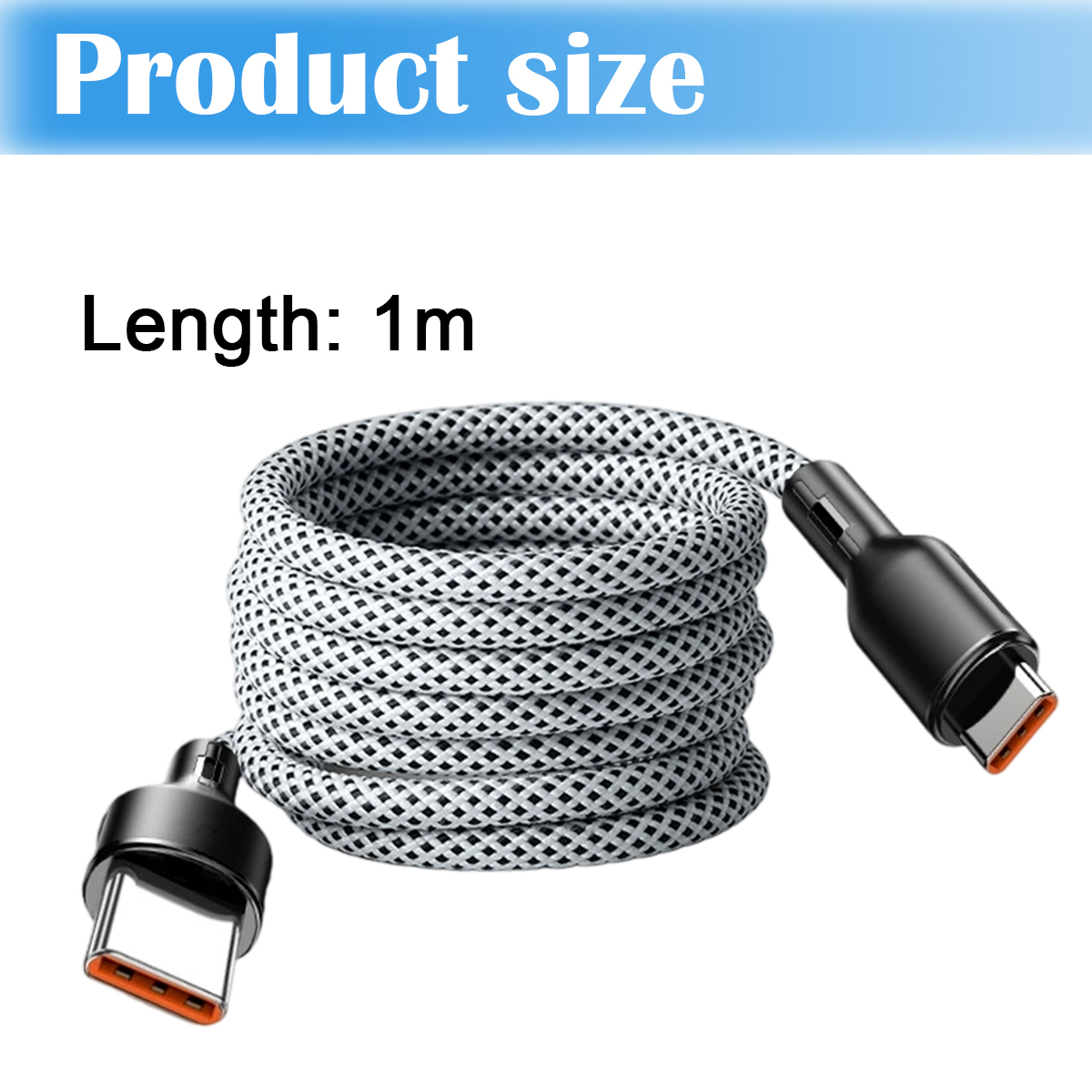 Ein aufgerolltes weißes und schwarzes USB-Kabel mit schwarzen Steckern und orangefarbenen Akzenten. Der Text oben lautet 'Produktgröße' und 'Länge: 1m'.