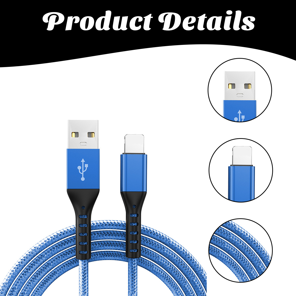 Das Bild zeigt ein blaues USB-Kabel mit Nahaufnahmen der Anschlüsse. Das Kabel hat ein blaues geflochtenes Design. „Produktdetails“ ist der Text oben.