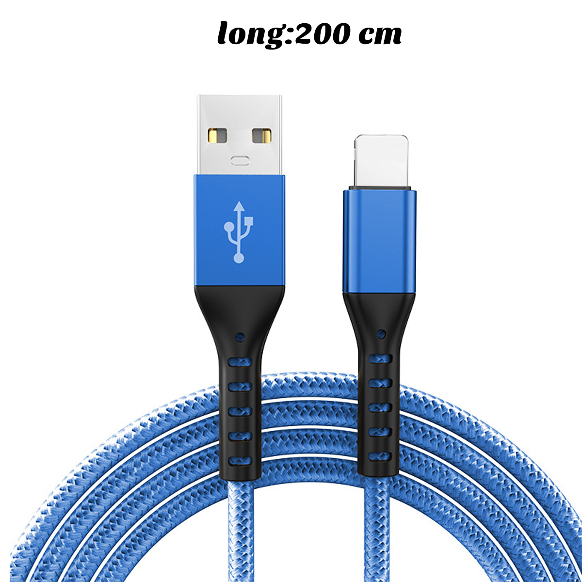 Blaues USB-Ladekabel mit einem schwarz-blauen Gehäuse. Das Kabel ist lang und hat ein blaues geflochtenes Design. Der Hintergrund ist weiß.