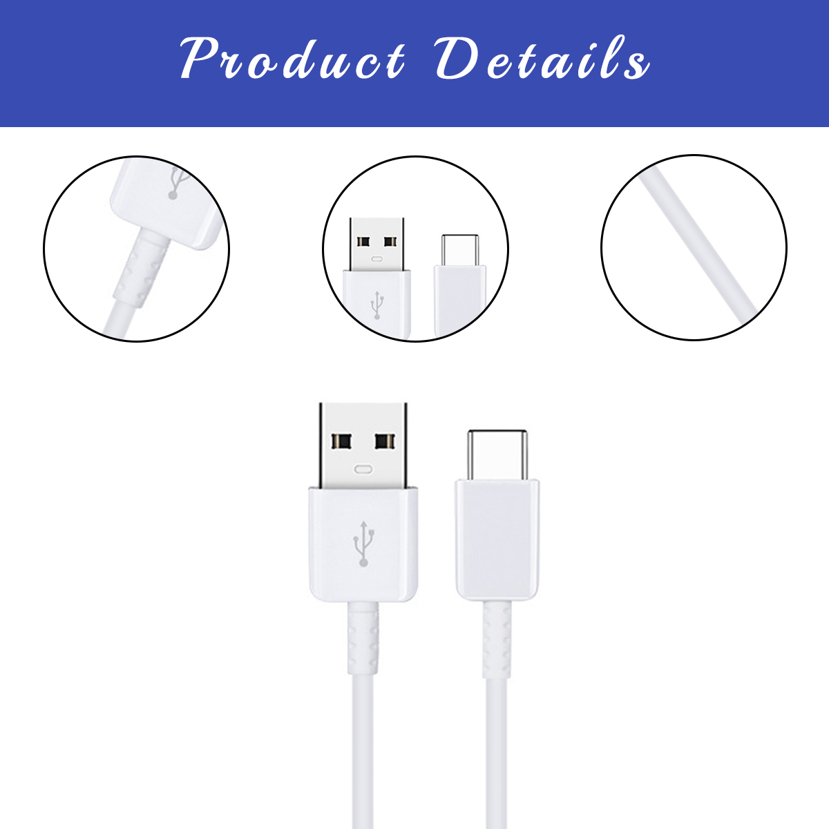 Weiße USB-Kabel mit verschiedenen Anschlüssen werden angezeigt. Die Kabel sind detailliert dargestellt, einschließlich Nahaufnahmen.