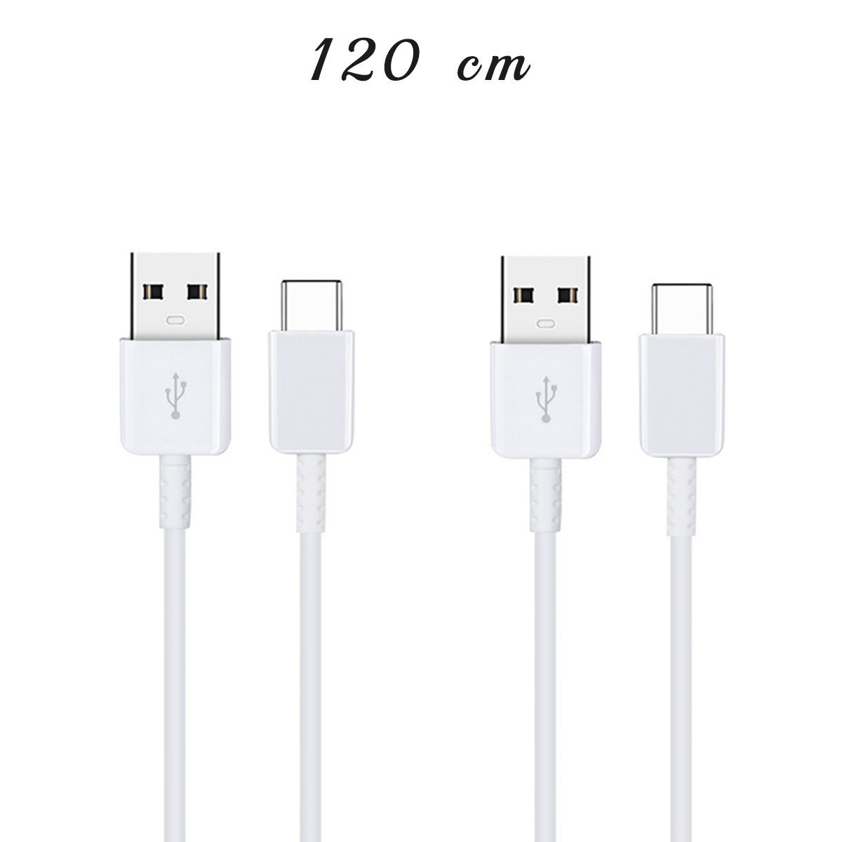 Gezeigt werden vier weiße USB-Kabel. Oben steht der Text '120 cm'. Jedes Kabel hat ein USB- und ein USB-C-Ende.