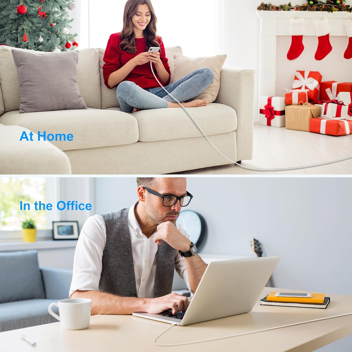 Frau auf Sofa mit Handy, Mann am Schreibtisch mit Laptop. Weihnachtsbaum und Geschenke im Hintergrund. Zwei Umgebungen, zu Hause und im Büro.
