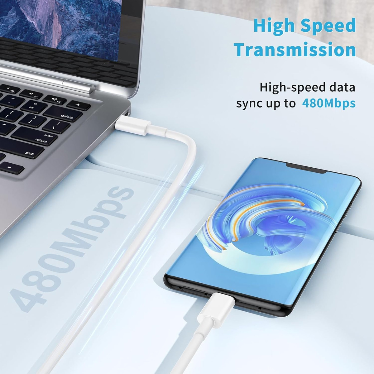 Ein weißes Kabel verbindet Laptop und Handy. Das Handy hat einen blauen Bildschirm. Text: 'High Speed Transmission'.