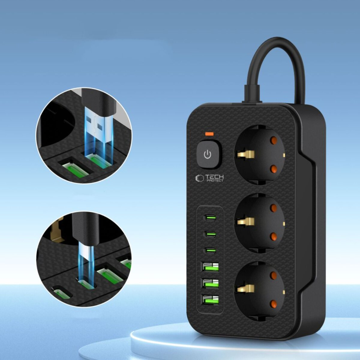 Multiprise noire avec trois prises, ports USB et un bouton d'alimentation. Deux gros plans montrent des connexions USB.