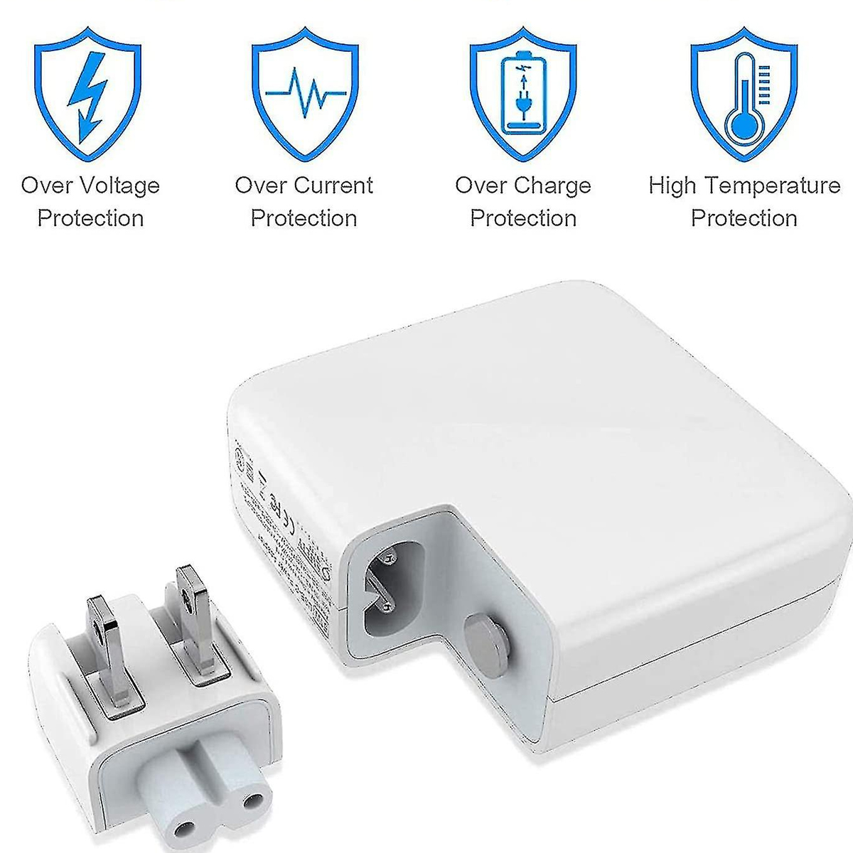 Weißes Netzteil und Stecker mit Symbolen für Schutzarten. Zu den Symbolen gehören Blitz, Welle, Batterie und Thermometer.