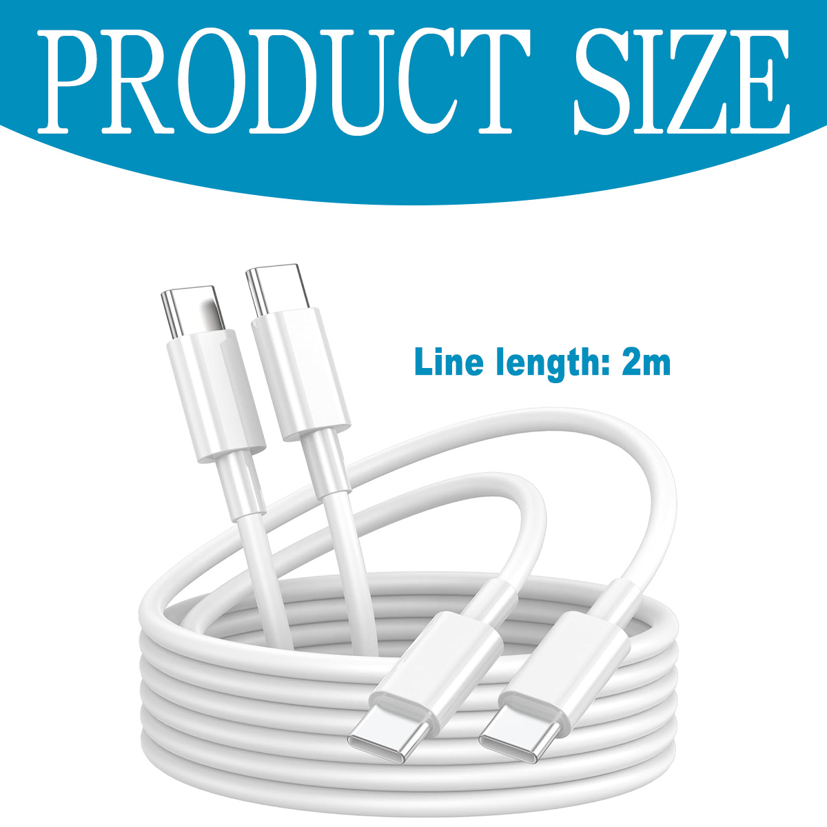Das Bild zeigt ein weißes USB-C-Kabel. Der Text oben lautet 'PRODUCT SIZE'. Der Text rechts lautet 'Line length: 2m'.