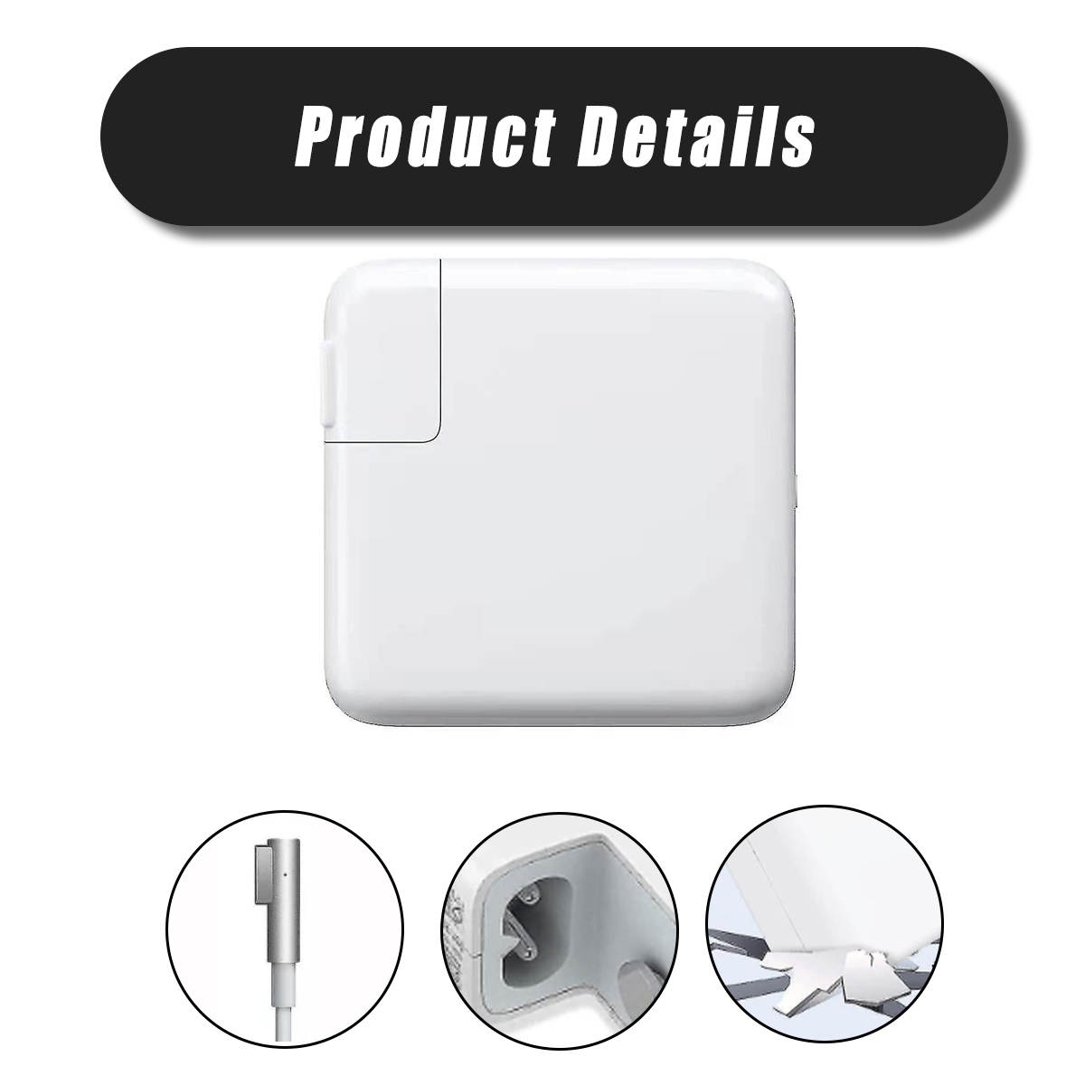 Weißes Netzteil mit Produkt-Details-Text oben. Drei kreisförmige Einsätze zeigen Details des Adapters.
