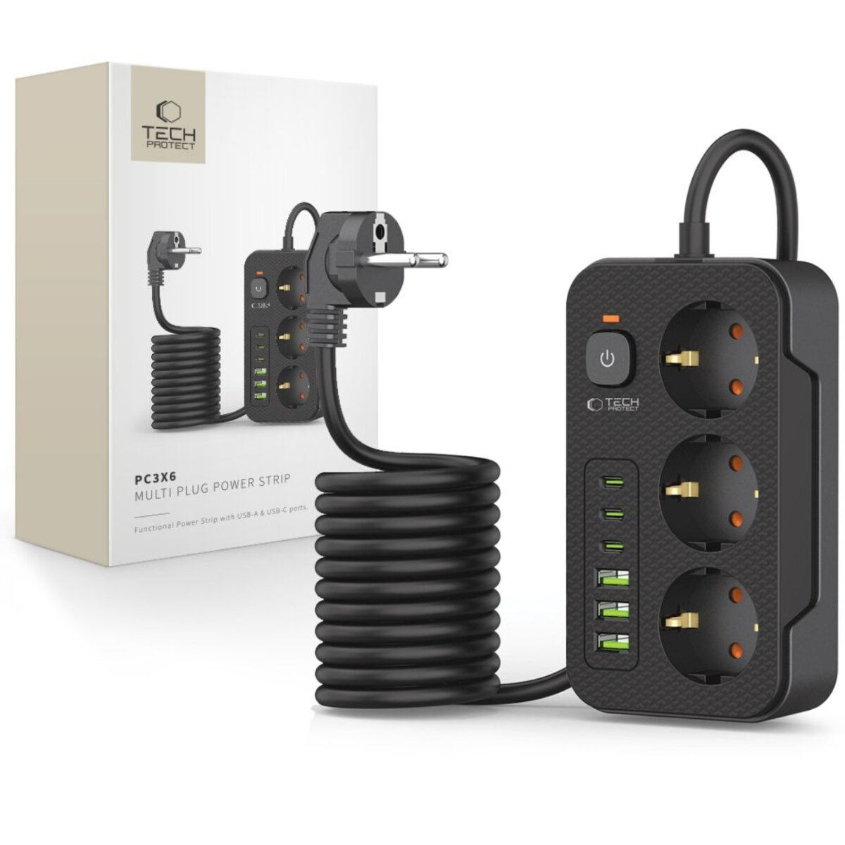 Multiprise noire avec plusieurs prises et ports USB. Elle possède un bouton d'alimentation et le nom de la marque. Une boîte est en arrière-plan.