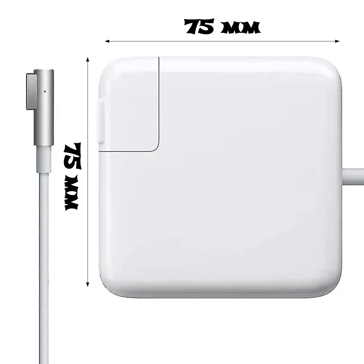 Ein weißes Apple-Ladegerät mit Kabel und Netzteil. Abmessungen von 75 mm sind auf dem Bild angegeben.