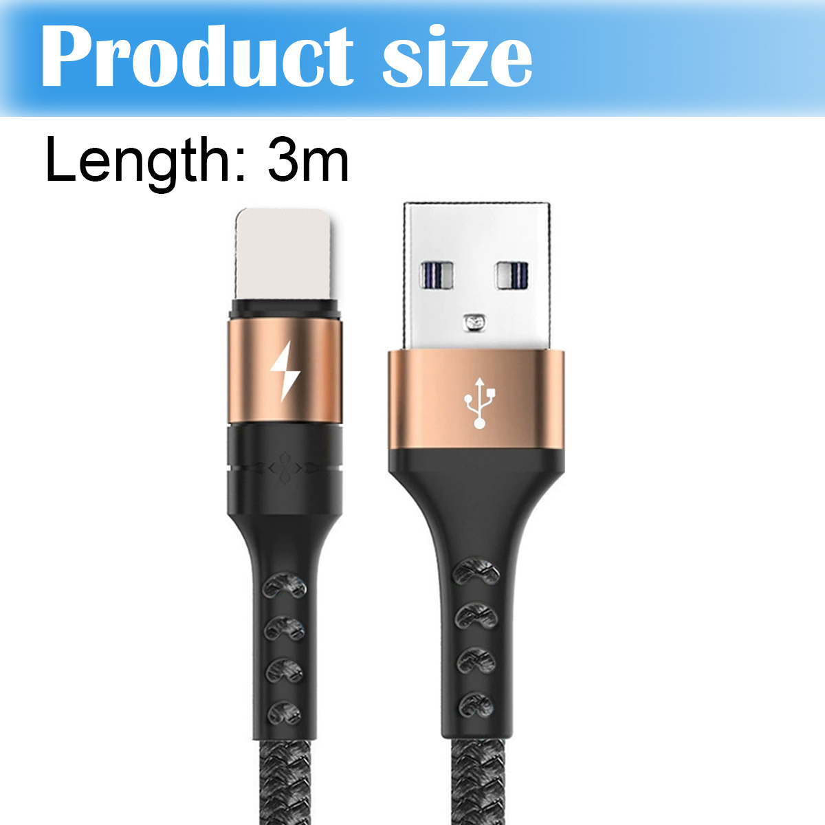 Das Bild zeigt ein schwarz-goldenes Ladekabel. Ein Ende hat einen Blitz, das andere ein USB-Anschluss-Symbol. Der Text zeigt 3m Länge an.