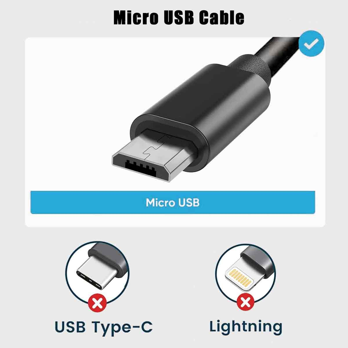 Das Bild zeigt ein Micro-USB-Kabel. Es kontrastiert mit USB Type-C- und Lightning-Anschlüssen, die mit roten Kreuzen markiert sind. Ein blauer Haken hebt es hervor.