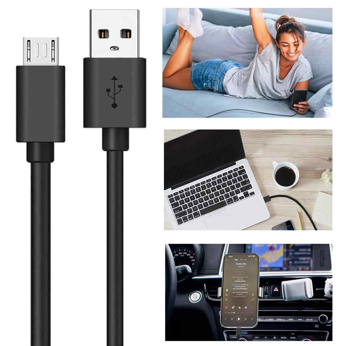 Das Bild zeigt ein USB-Kabel, eine Frau mit einem Telefon, einen Laptop und ein im Auto montiertes Telefon mit geöffneter Musik-App.