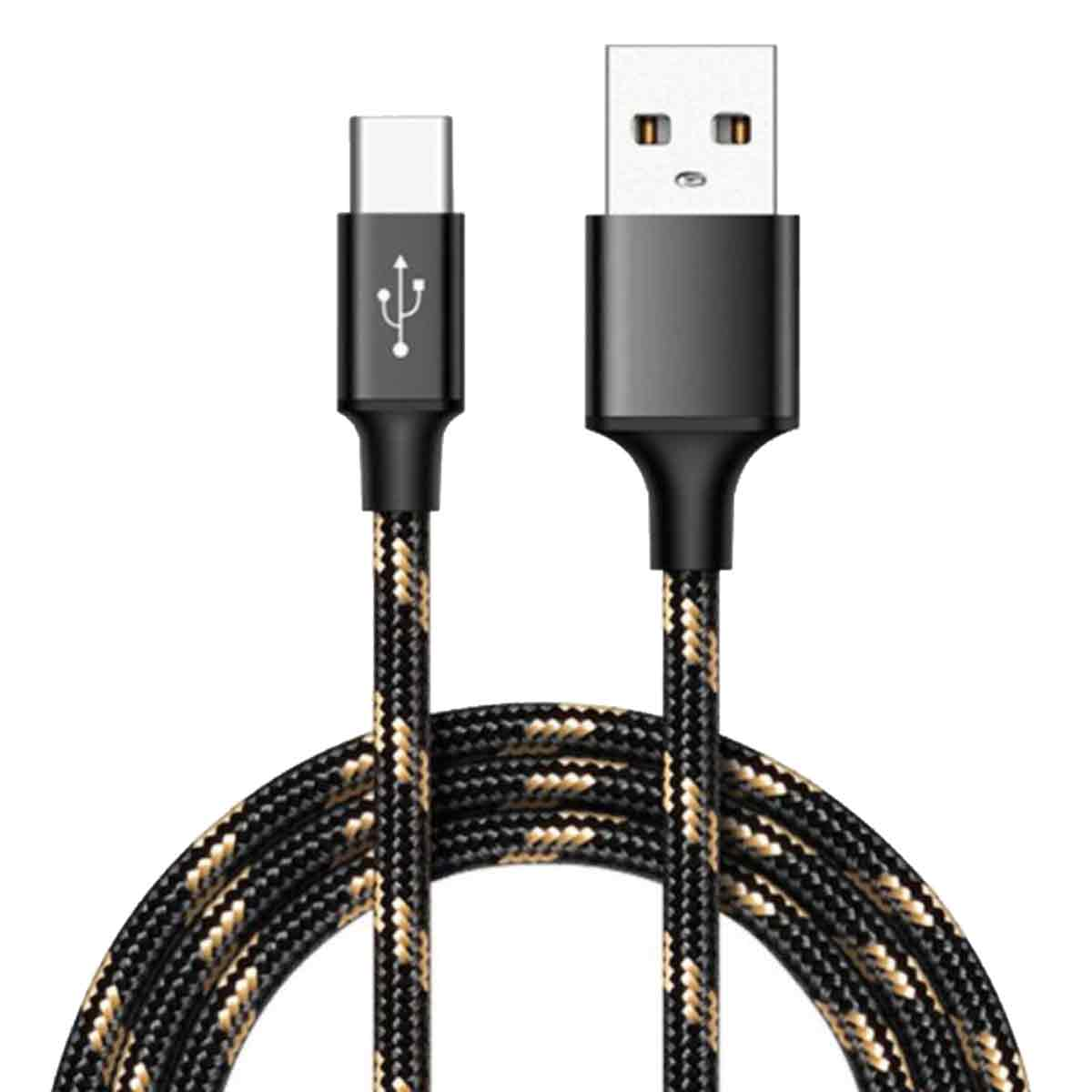 USB-Ladekabel mit USB-A- und USB-C-Anschlüssen. Das Kabel ist schwarz mit goldenen und weißen Akzenten.