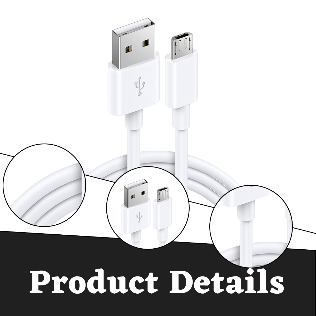 Ein weißes USB-Ladekabel wird mit Nahaufnahmen gezeigt. Das Kabel hat zwei Anschlüsse. Der Text "Produktdetails" steht unten.