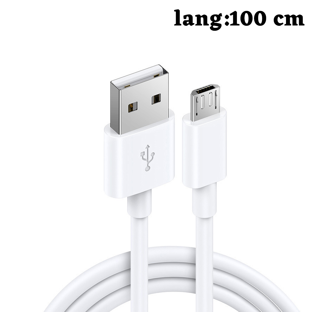 Ein weißes USB-Ladekabel wird gezeigt. Es hat einen USB-A-Anschluss und einen Micro-USB-Anschluss. Der Text 'lang:100 cm' steht oben.