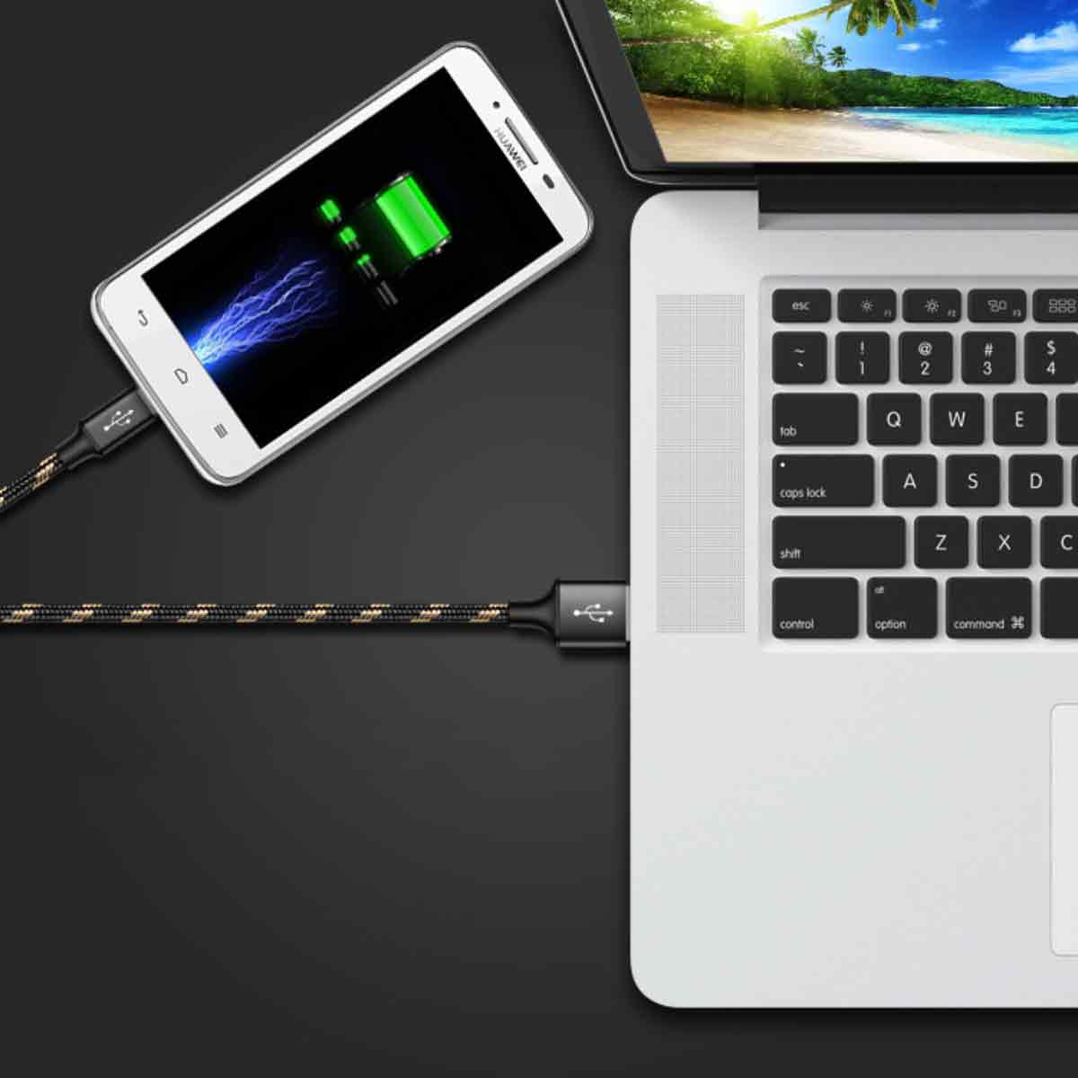 Ein Telefon, das über ein USB-Kabel aufgeladen wird, das mit einem Laptop verbunden ist. Das Telefon zeigt ein Ladesymbol an. Der Hintergrund zeigt eine Strandszene.