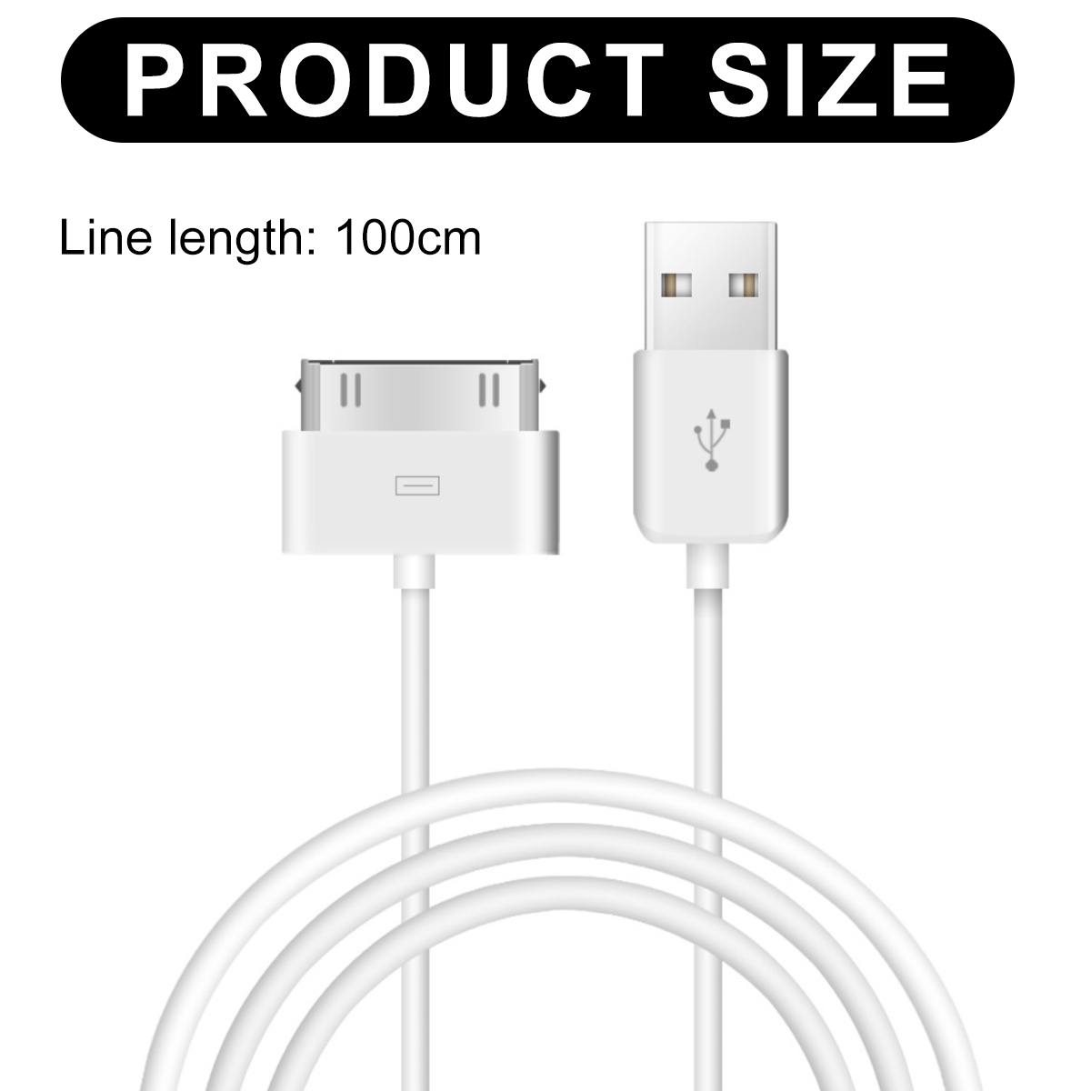 Weißes USB-Ladekabel mit Produktgrößenangabe. Die Leitungslänge beträgt 100 cm. Das Kabel hat zwei Enden.