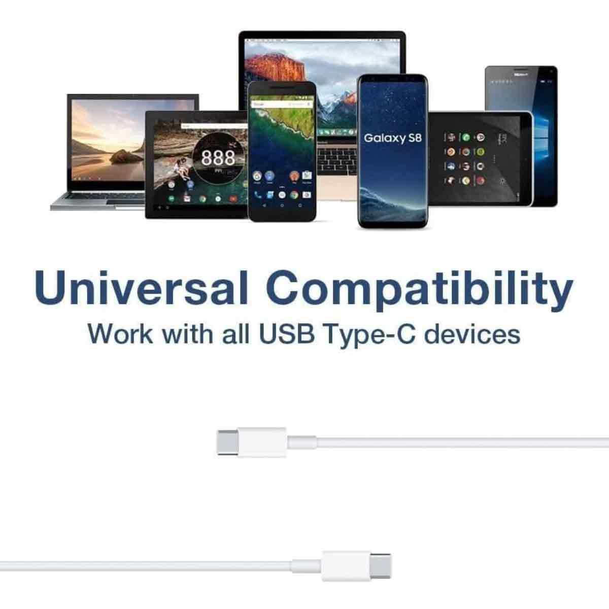 Das Bild zeigt mehrere elektronische Geräte wie Laptops, Tablets und Handys. Text sagt 'Universelle Kompatibilität, Funktioniert mit allen USB Typ-C Geräten'.