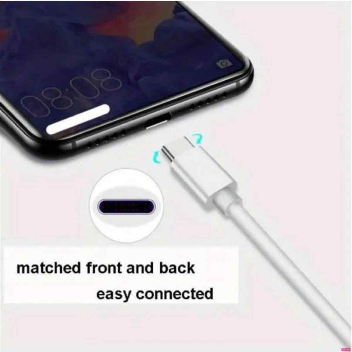 Ein Telefon mit der Anzeige 08:08, ein weißes USB-C-Kabel und -Anschluss sowie der Text 'matched front and back easy connected' auf weißem Hintergrund.