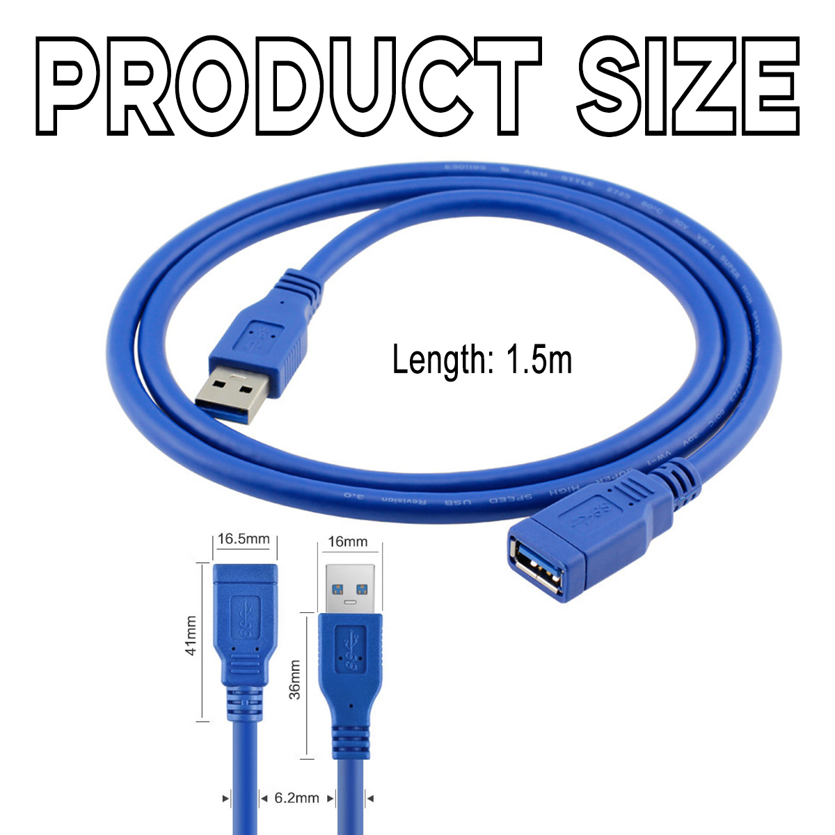 Ein blaues USB-Kabel mit Stecker und Buchse, beschriftet mit 'Länge: 1,5 m'. Abmessungen der Anschlüsse sind ebenfalls angegeben.