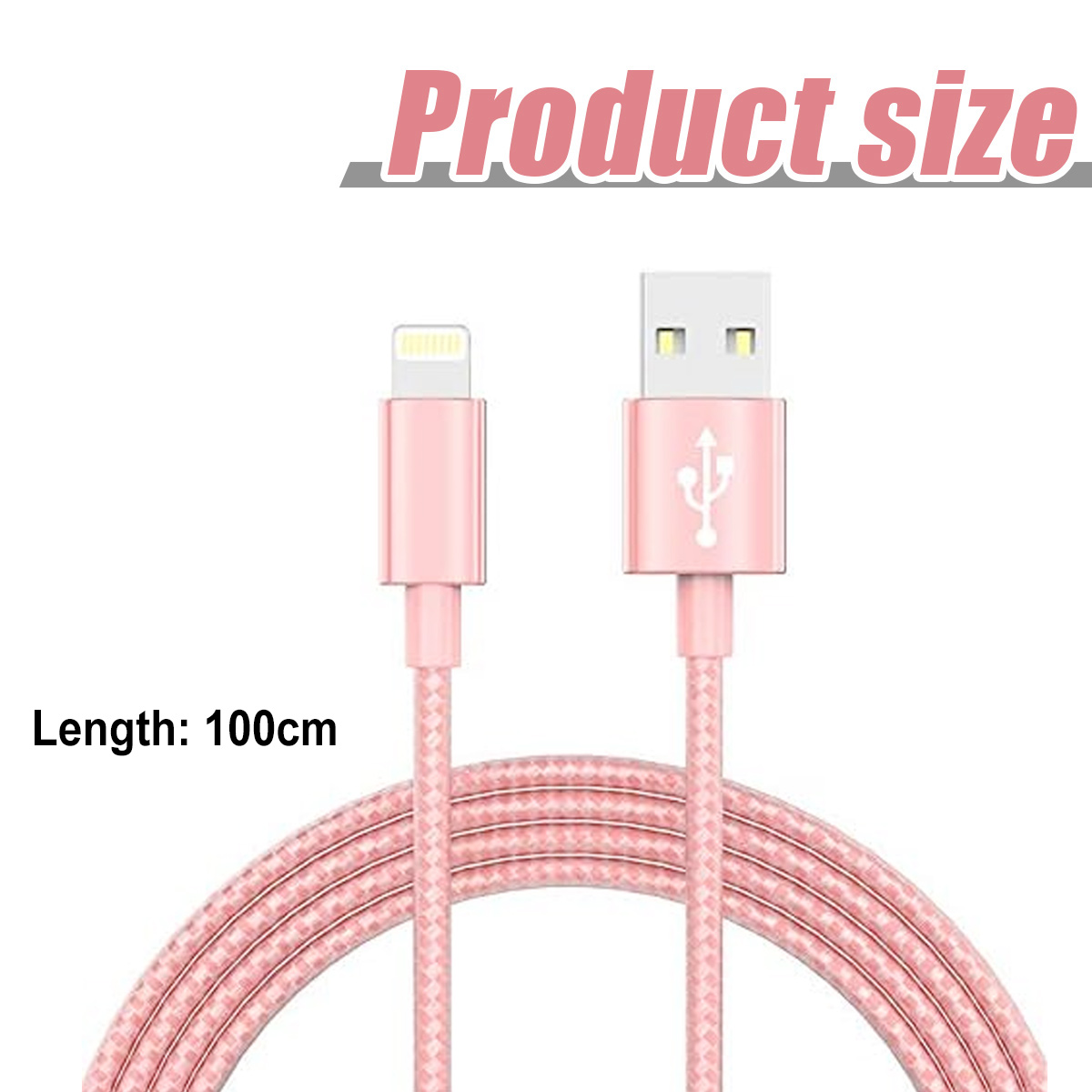 Rosa USB-Ladekabel. Das Kabel ist 100 cm lang. Ein Ende ist USB, das andere ein Lightning-Anschluss.