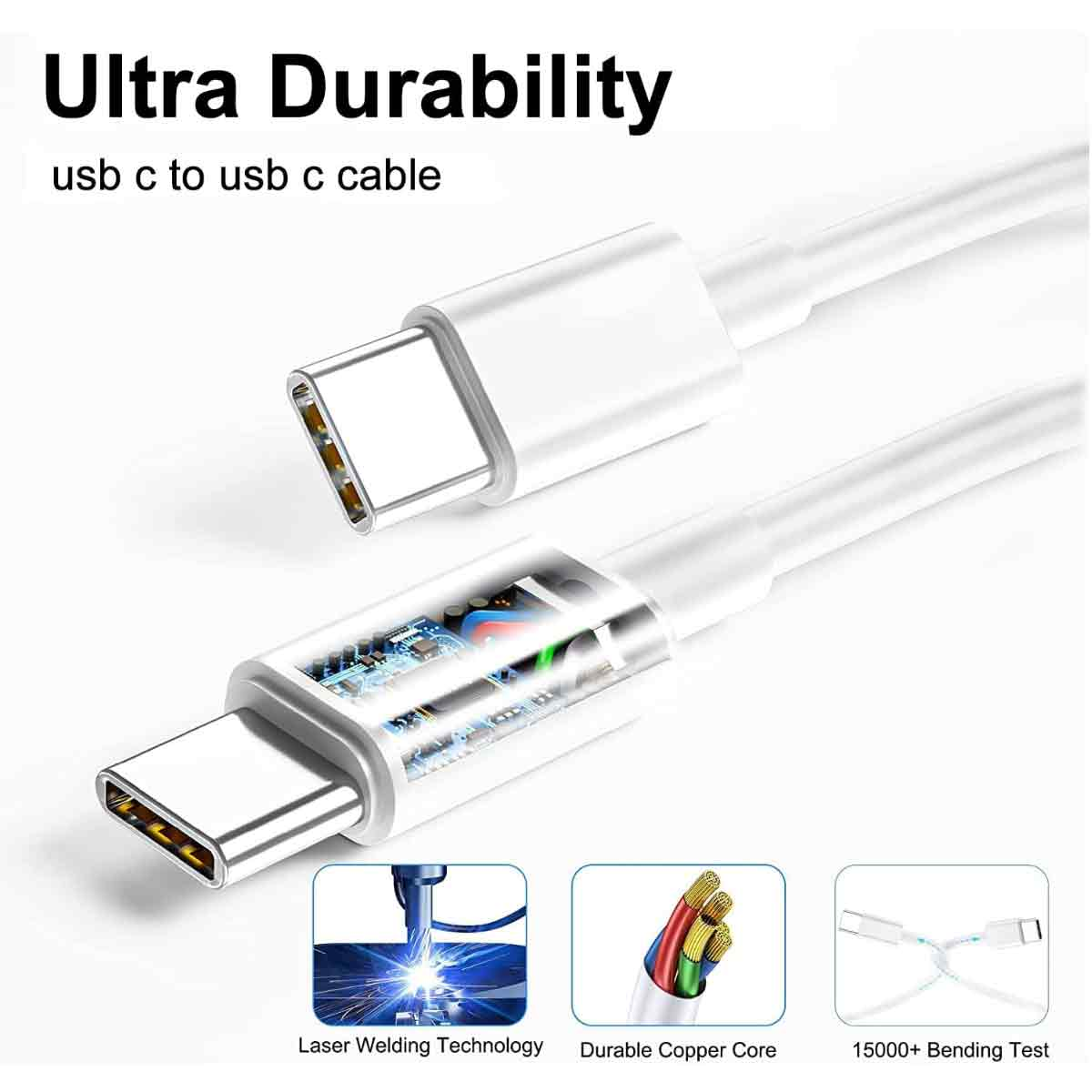 Weißes USB-C-Kabel. Text: Ultra Haltbarkeit, Laser-Schweißtechnologie, Langlebiger Kupferkern, 15000+ Biegetest.
