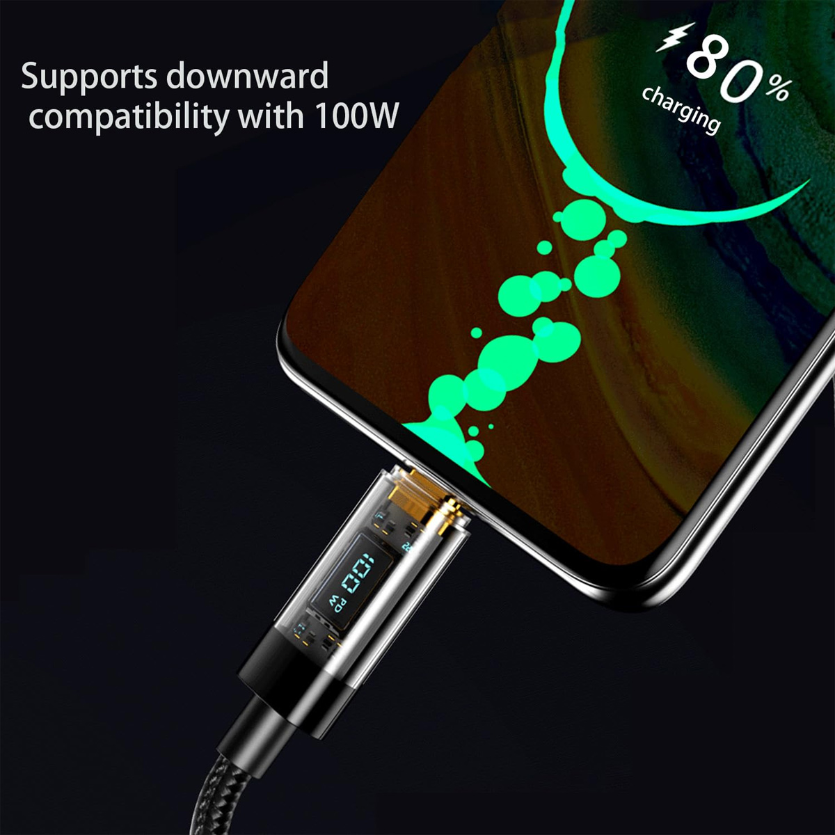 Telefon wird mit einem Kabel geladen. Der Bildschirm zeigt 80 % Ladung an. Das Kabel hat eine digitale Anzeige.