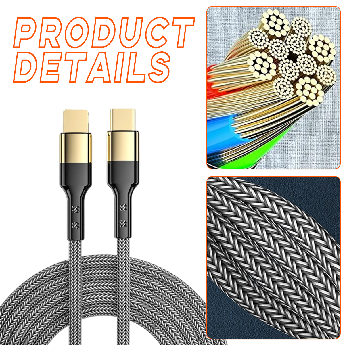 Zwei schwarze und goldene USB-C-Kabel, geflochtene graue Kabel, mit vergrößerten Bildern von Kabeldetails und Drähten. Produktdetails in orangefarbenem Text.