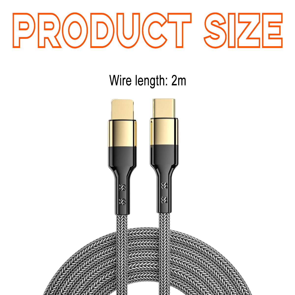 Zwei schwarze und goldene USB-C-Kabel, silbernes geflochtenes Kabel. Text lautet 'PRODUCT SIZE' und 'Wire length: 2m'.