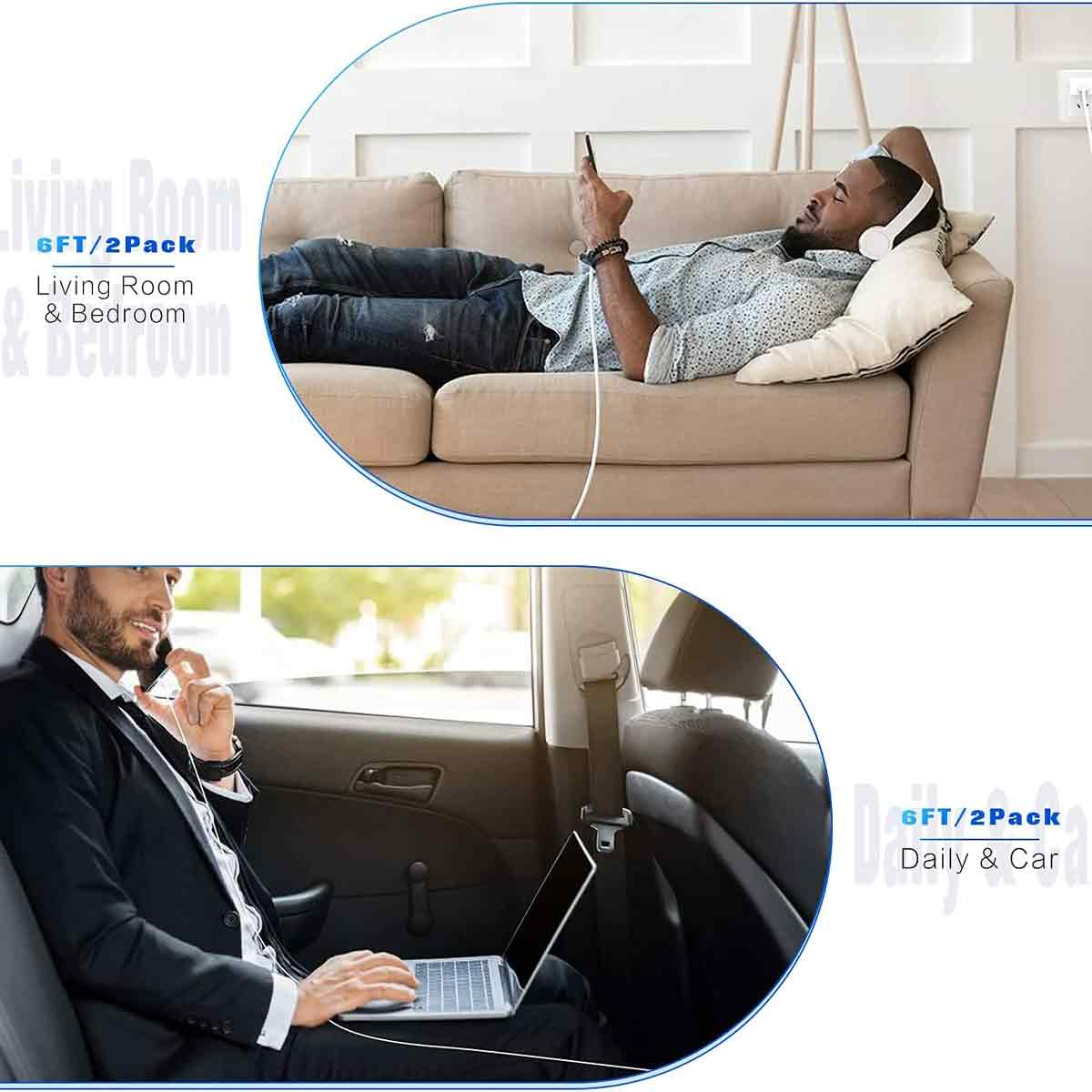Oben: Mann auf Couch mit Telefon und Kopfhörern. Unten: Mann im Auto mit Laptop und Telefon.