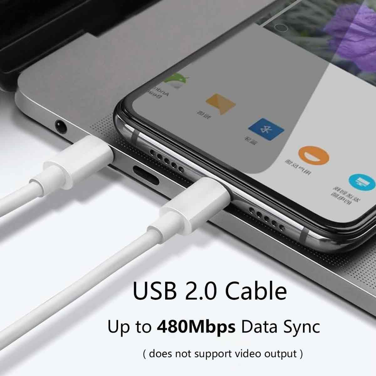 Ein weißes USB 2.0-Kabel, das mit einem Smartphone und einem Laptop verbunden ist. Text lautet 'USB 2.0 Cable' und 'Up to 480Mbps Data Sync'.