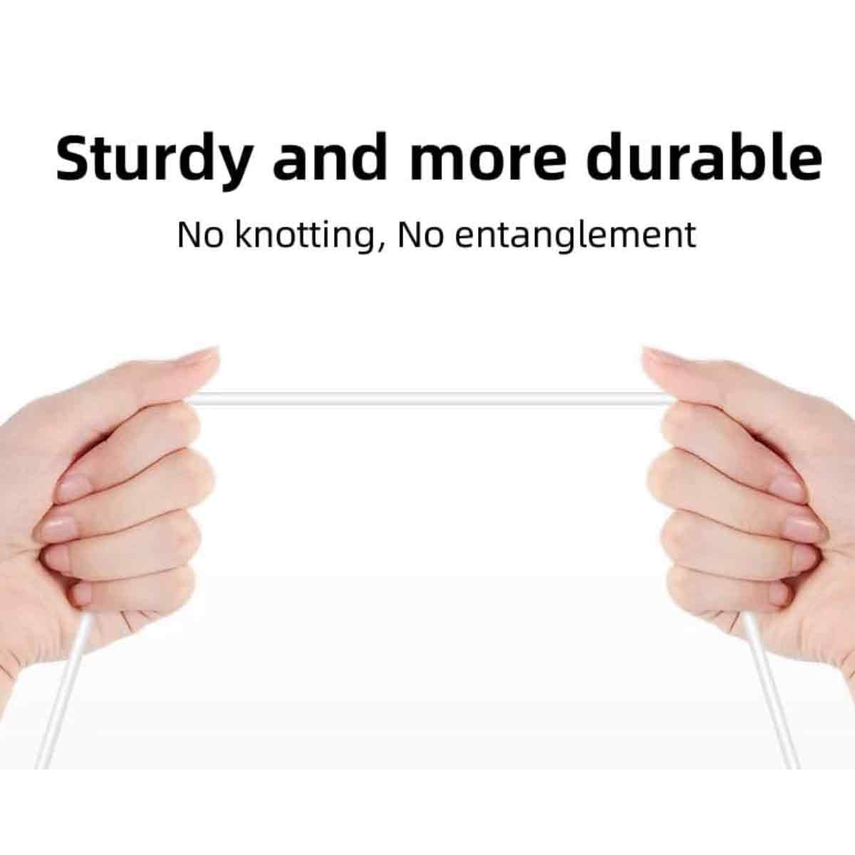Hände halten ein weißes Kabel, um Stärke zu demonstrieren. Text: 'Robust und haltbarer' und 'Kein Verknoten, kein Verheddern'.