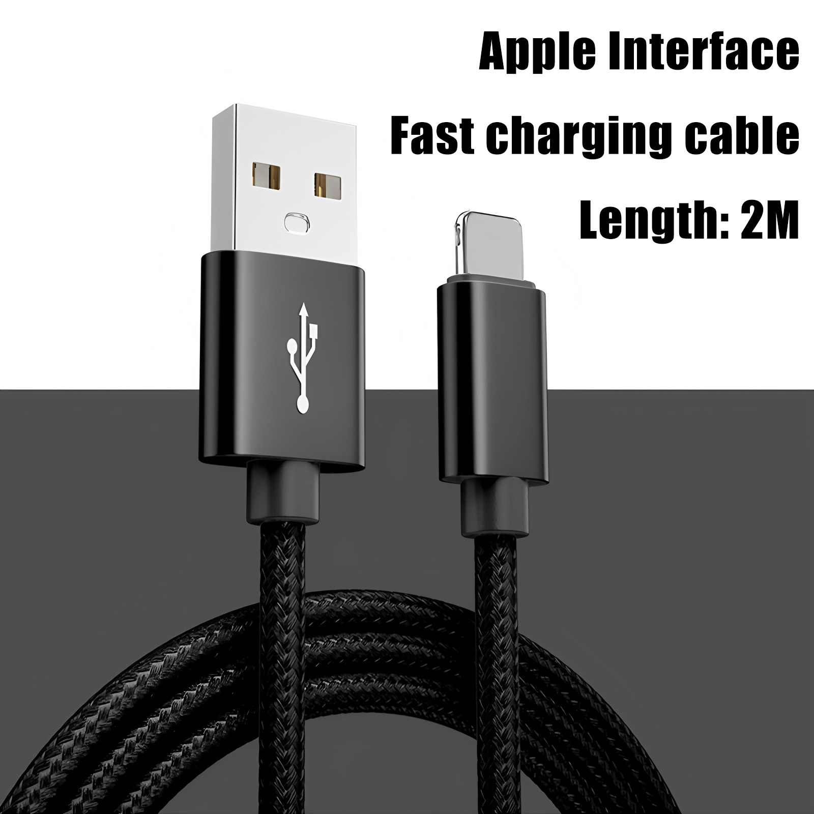 Schwarzes Apple-Ladekabel. USB- und Lightning-Anschlüsse. Geflochtenes Kabel. Weißer Hintergrund mit Text.