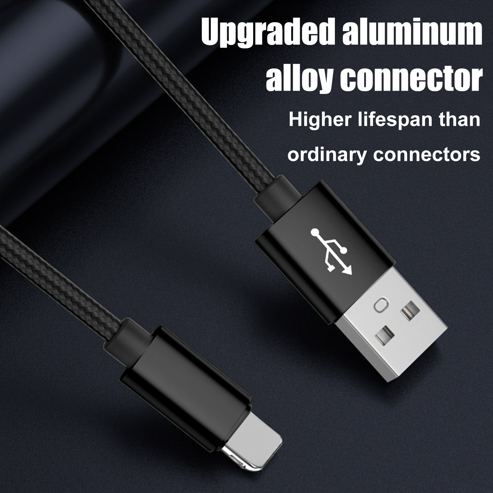 Schwarzes USB-Kabel mit Metallanschlüssen. Text: Verbesserter Aluminiumlegierungsstecker, längere Lebensdauer.