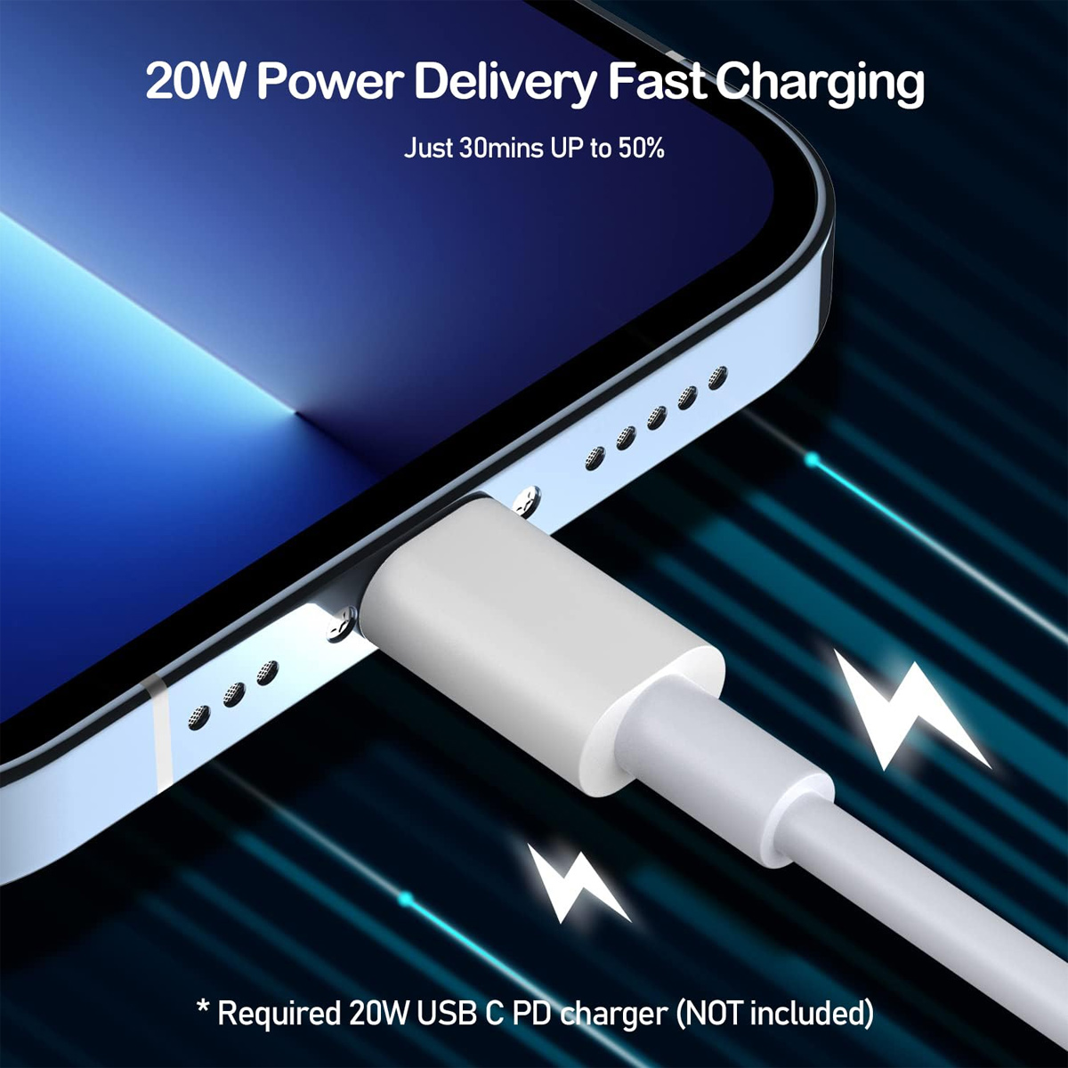 Ein Telefon wird mit einem weißen Kabel geladen. Text sagt 20W Power Delivery Fast Charging. Blitzsymbole sind ebenfalls dargestellt.