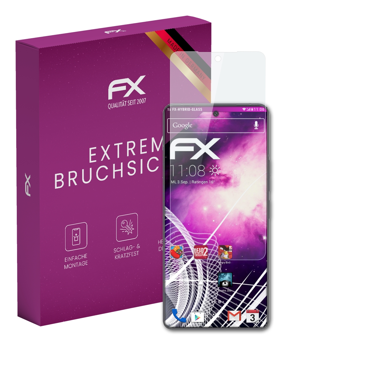 Ein Telefon mit Displayschutzfolie neben einer lilafarbenen Schachtel. Das Telefon zeigt Apps und Uhrzeit an. Die Schachtel hat Text und das FX-Logo.