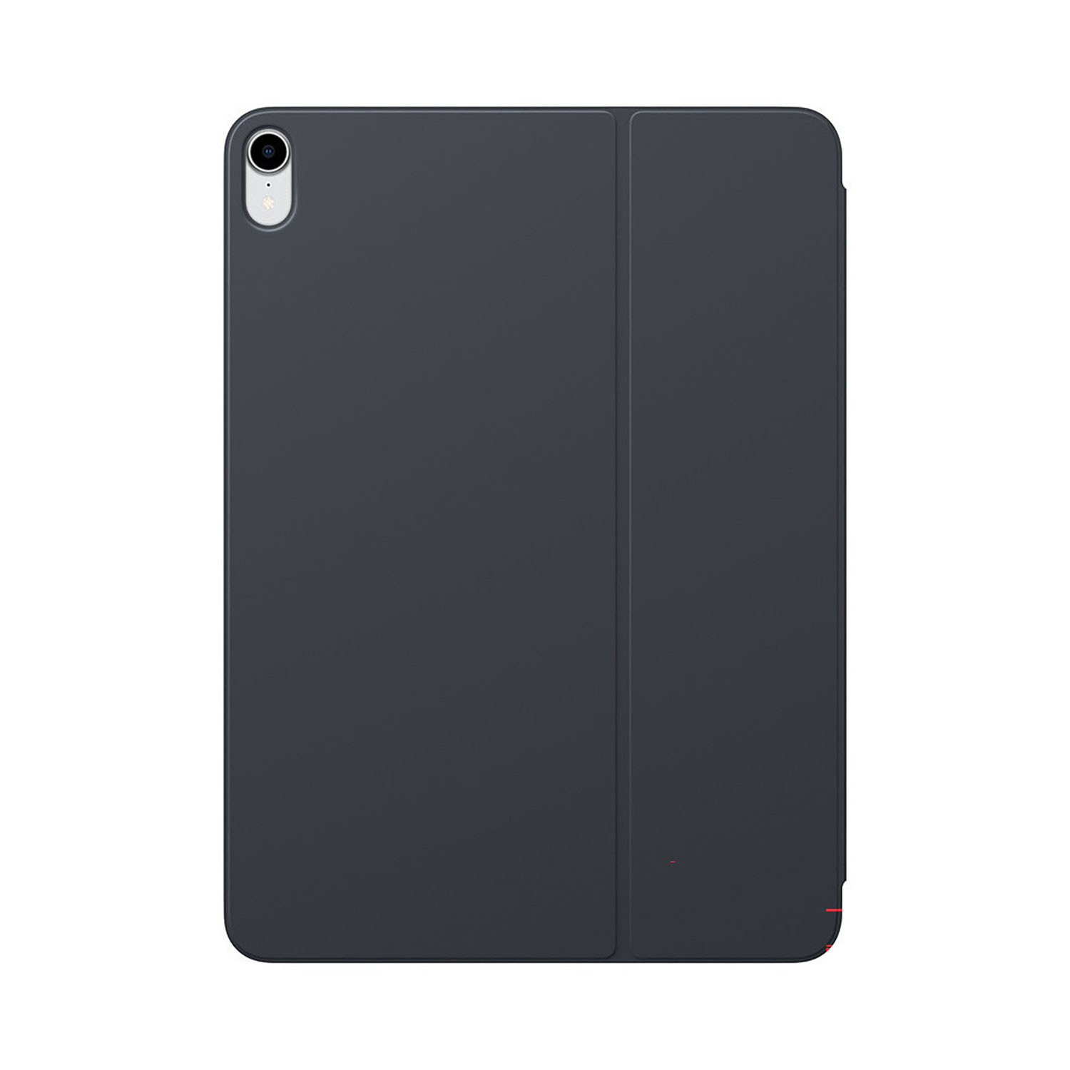 Eine dunkelgraue iPad-Hülle wird geöffnet gezeigt. Eine Kamera ist in der oberen linken Ecke sichtbar. Die Hülle befindet sich auf weißem Hintergrund.