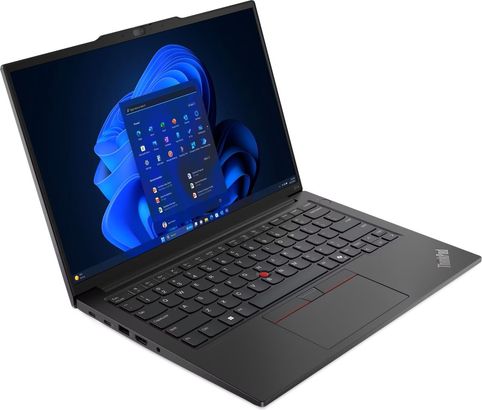 Schwarzer Thinkpad-Laptop geöffnet, zeigt die Windows 11-Oberfläche. Tastatur und Touchpad sind sichtbar. Der Bildschirm zeigt App-Symbole.