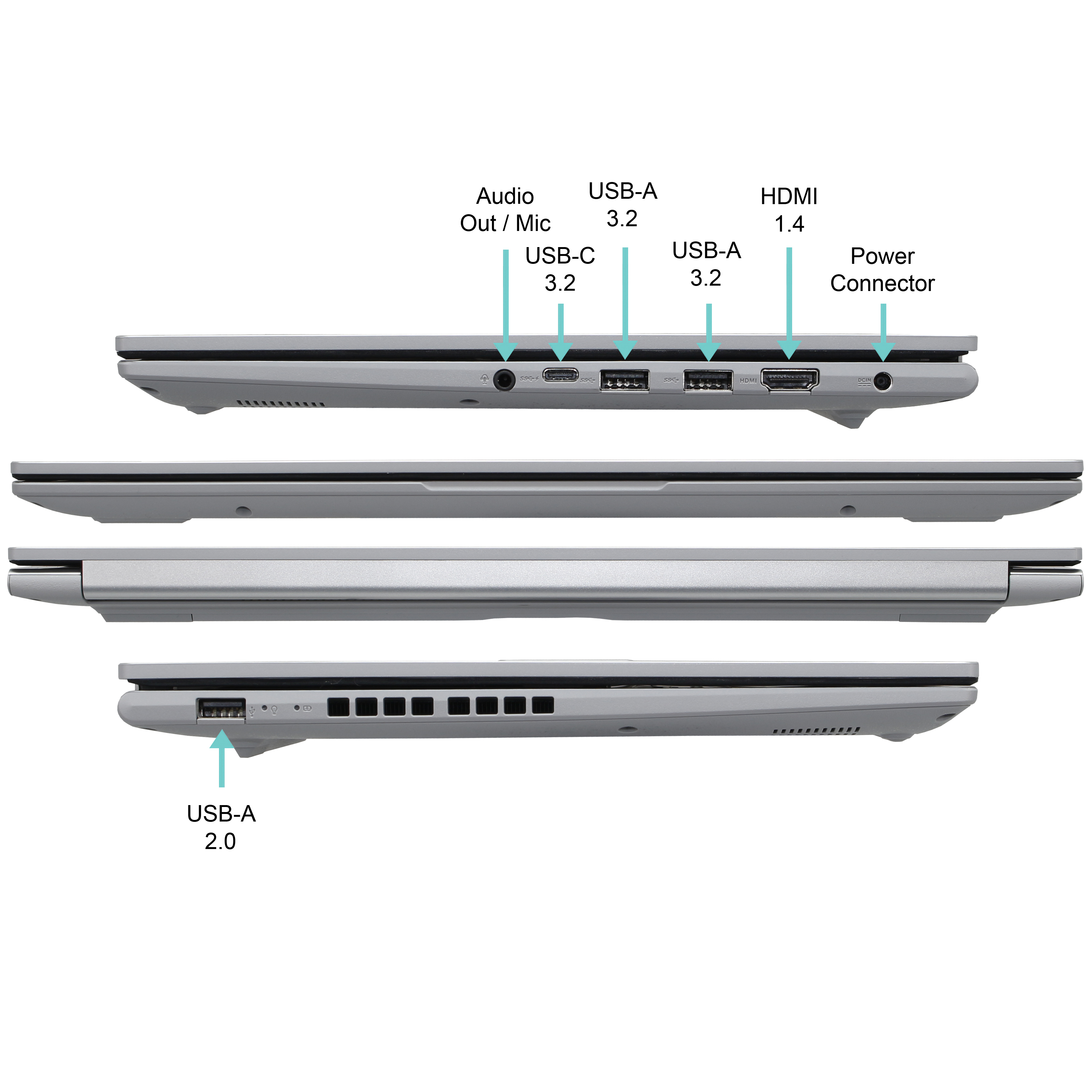 Una computadora portátil que muestra puertos: audio, USB-C, USB-A 3.2, HDMI, alimentación. También USB-A 2.0. El portátil es plateado.
