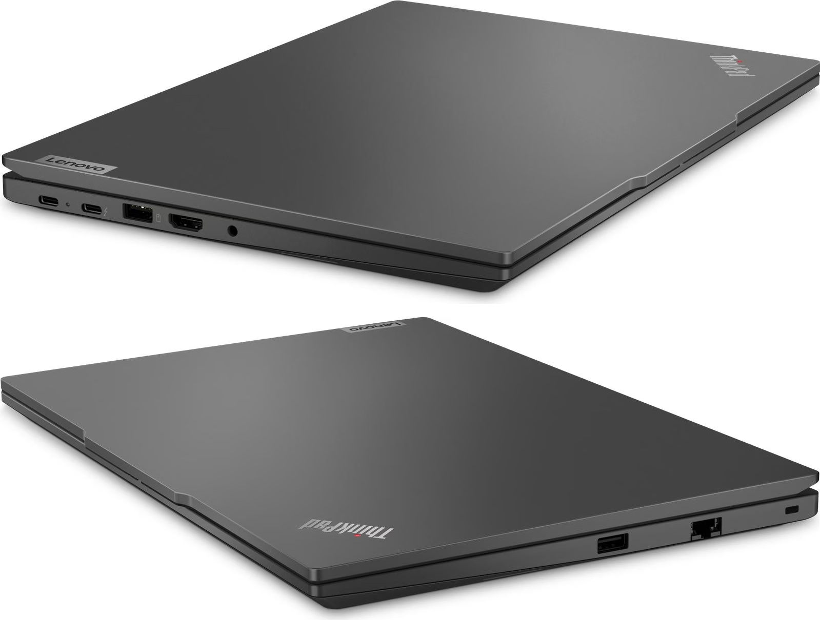 Zwei graue Lenovo ThinkPad Laptops werden in verschiedenen Winkeln gezeigt. Der obere Laptop ist geschlossen und in der oberen Bildhälfte.