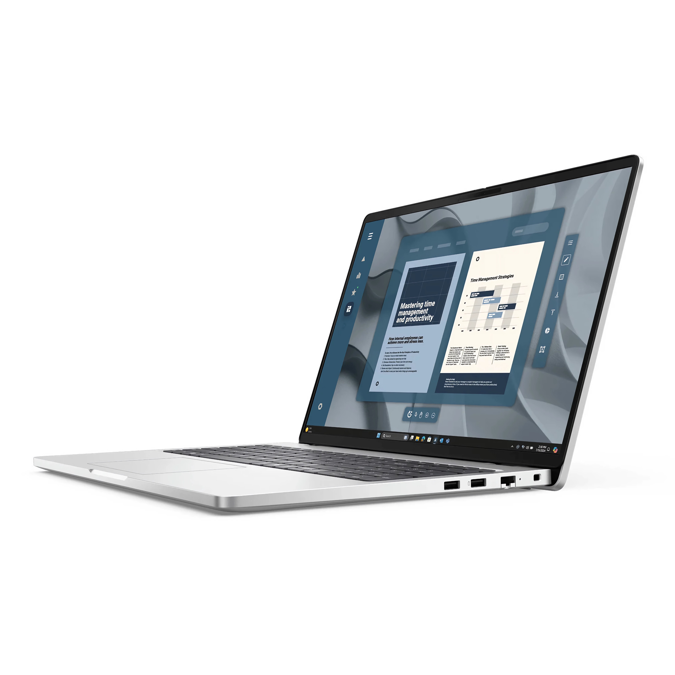 Laptop mit geöffnetem Bildschirm. Der Bildschirm zeigt eine Präsentation über Zeitmanagement und Produktivität.