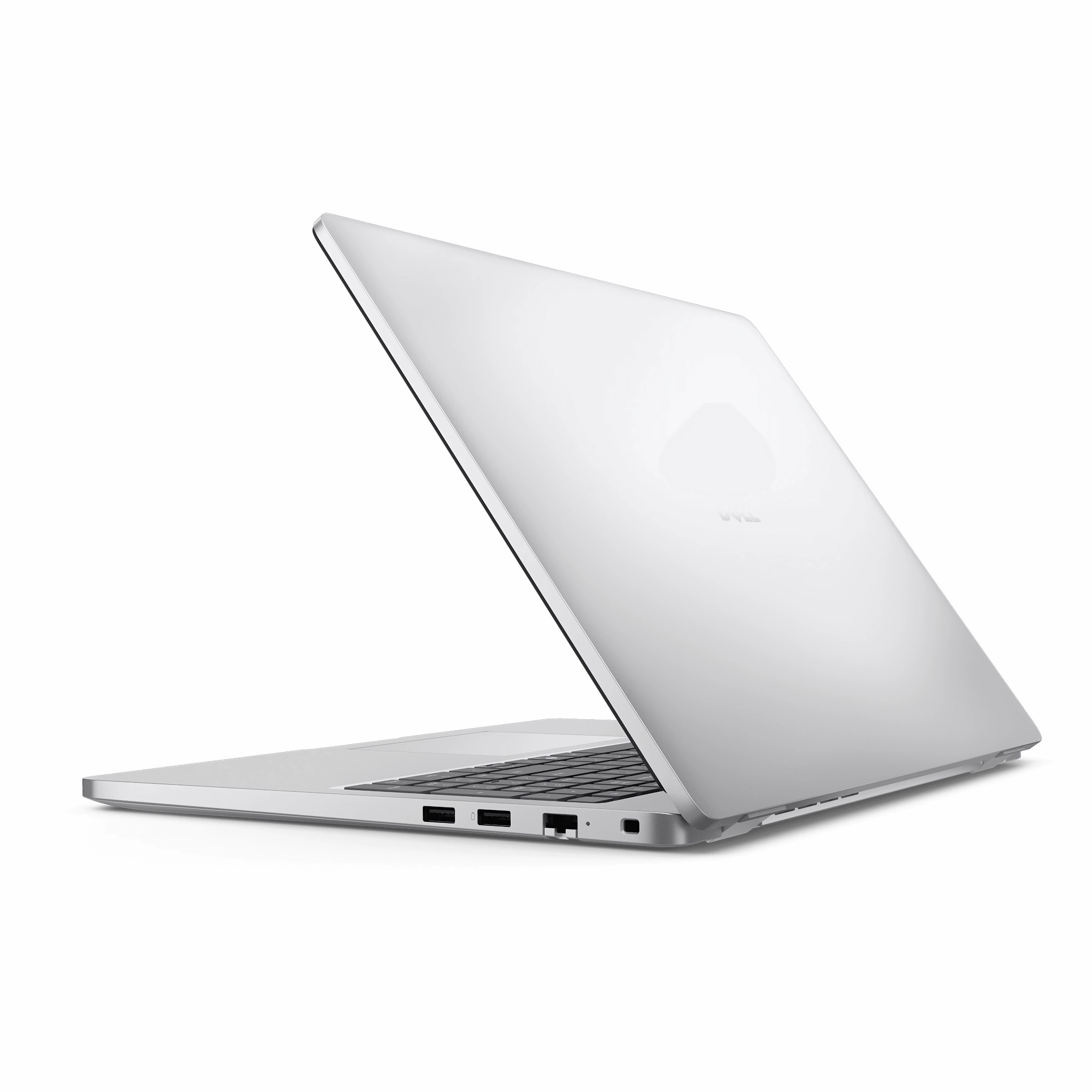 Ein silberner Laptop ist auf weißem Hintergrund geöffnet. Der Bildschirm ist offen, die Tastatur sichtbar und das Dell-Logo auf dem Deckel.
