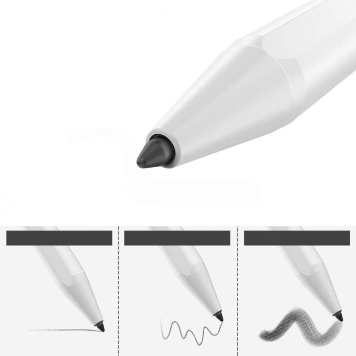Ein weißer Stift mit schwarzer Spitze. Darunter Beispiele für seine Verwendung, die verschiedene Linienarten auf weißem Hintergrund zeigen.
