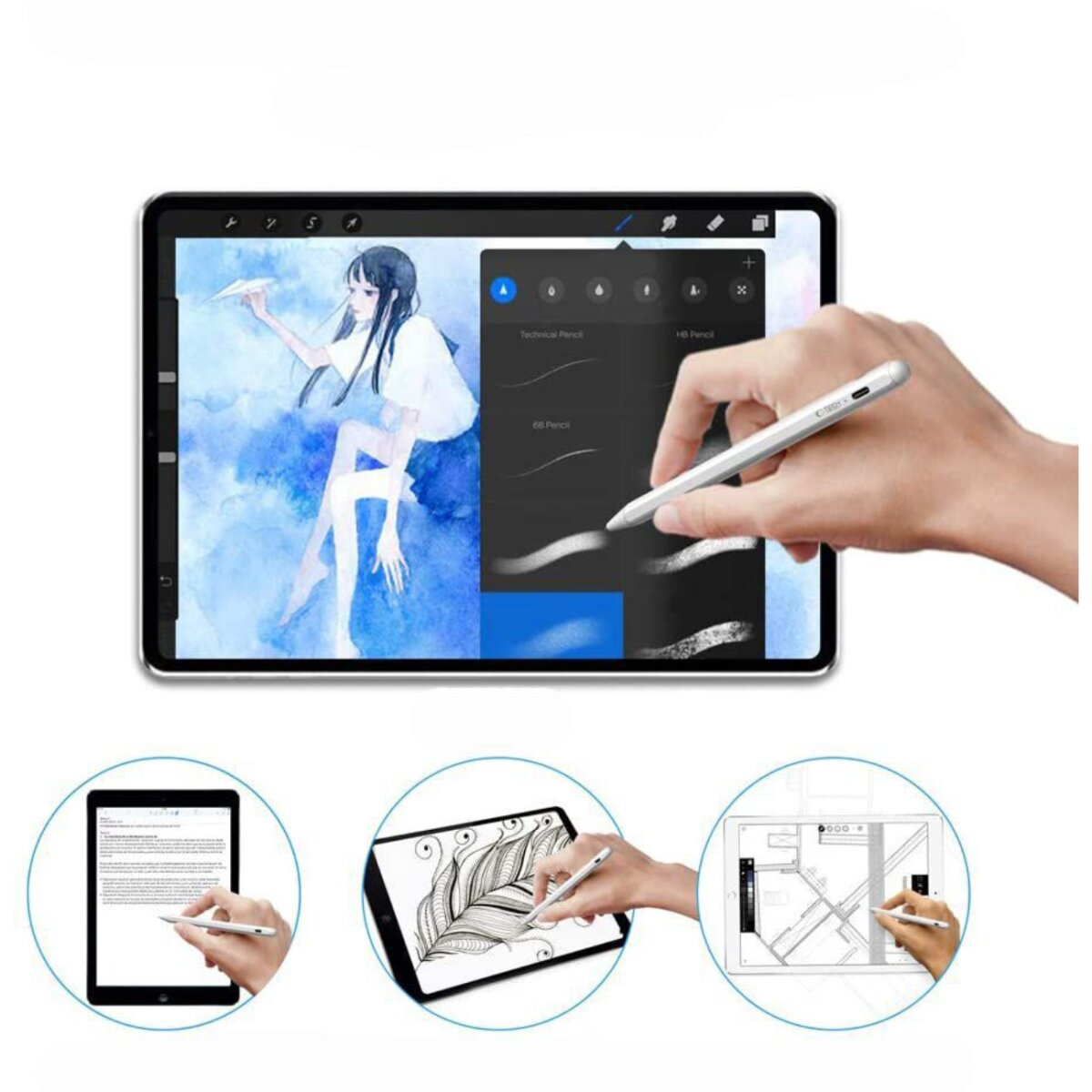 Eine Hand hält einen Stift über einem Tablet, das eine Zeichenanwendung anzeigt. Der Bildschirm zeigt eine Frau und eine Auswahl an Werkzeugen.