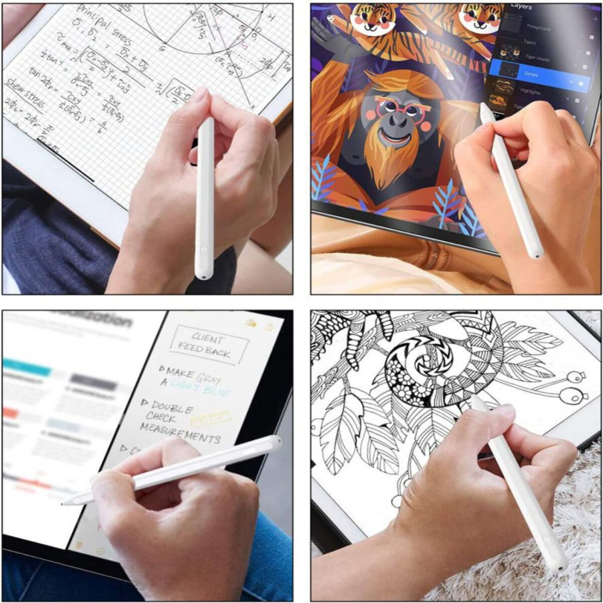 Vier Bilder, die Hände zeigen, die einen Stift auf Tablets verwenden. Eines zeigt Mathe, ein anderes einen Orang-Utan, die anderen Notizen und das letzte eine Malvorlage.