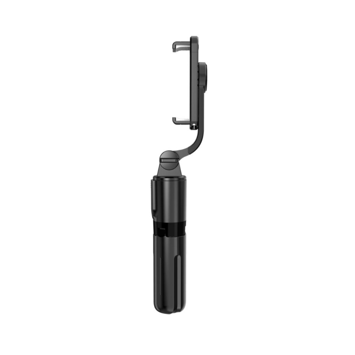Ein schwarzer Smartphone-Stabilisator vor weißem Hintergrund. Er hat eine Telefonklemme, ein Drehgelenk und einen Teleskophandgriff.